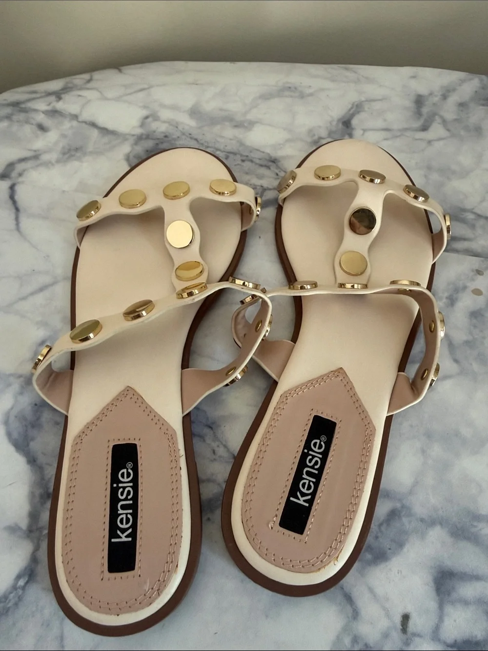 kensie Cream Slide Sandals with Gold Stud Accents